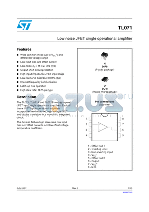 TL071AMN datasheet - Low noise JFET single operational amplifier