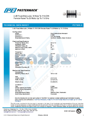 PE7366-3 datasheet - 3 dB Fixed Attenuator, N Male To 7/16 DIN Female Rated To 25 Watts Up To 7.5 GHz