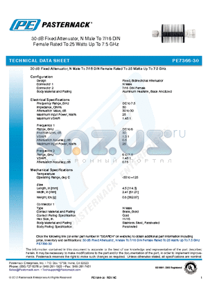 PE7366-30 datasheet - 30 dB Fixed Attenuator, N Male To 7/16 DIN Female Rated To 25 Watts Up To 7.5 GHz