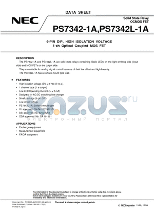 PS7342L-1A-E3 datasheet - 6-PIN DIP, HIGH ISOLATION VOLTAGE 1-ch Optical Coupled MOS FET