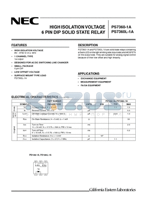 PS7360 datasheet - HIGH ISOLATION VOLTAGE 6 PIN DIP SOLID STATE RELAY