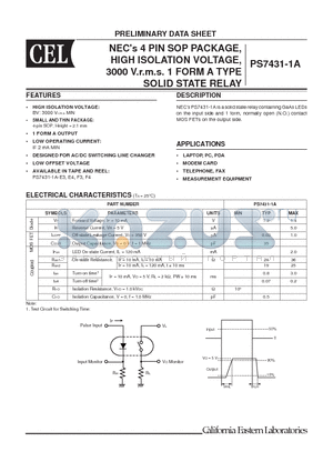 PS7431-1A datasheet - NECs 4 PIN SOP PACKAGE, HIGH ISOLATION VOLTAGE, 3000 V.r.m.s. 1 FORM A TYPE SOLID STATE RELAY