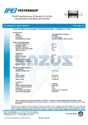 PE7369-50 datasheet - 50 dB Fixed Attenuator, N Female To 7/16 DIN Female Rated To 25 Watts Up To 6 GHz