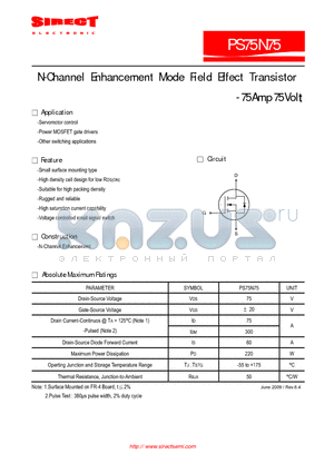 PS75N75 datasheet - N-Channel Enhancement Mode Field Effect Transistor - 75Amp 75Volt