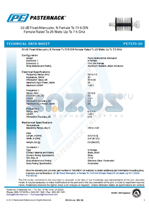 PE7370-30 datasheet - 30 dB Fixed Attenuator, N Female To 7/16 DIN Female Rated To 25 Watts Up To 7.5 GHz