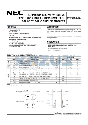 PS7622A-2A-F3 datasheet - 8-PIN SOP, SLOW TYPE, 260 V BREAK DOWN VOLTAGE 2-CH OPTICAL COUPLED MOS FET