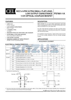 PS7801 datasheet - NECs 4-PIN ULTRA SMALL FLAT-LEAD, LOW OUTPUT CAPACITANCE 1-CH OPTICAL COUPLED MOSFET