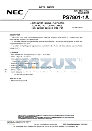 PS7801-1A-F3 datasheet - 4-PIN ULTRA SMALL FLAT-LEAD, LOW OUTPUT CAPACITANCE 1-ch Optical Coupled MOS FET