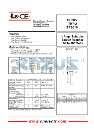 SR305 datasheet - 3Amp schottky barrier rectifier 50to100 volts