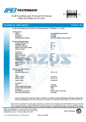 PE7371-50 datasheet - 50 dB Fixed Attenuator, N Female To N Female Rated To 25 Watts Up To 8 GHz