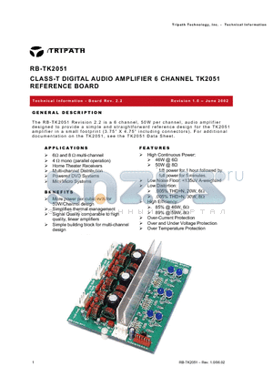 RB-TK2051 datasheet - CLASS-T DIGITAL AUDIO AMPLIFIER 6 CHANNEL TK2051 REFERENCE BOARD