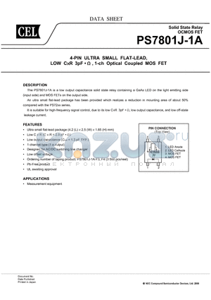 PS7801J-1A-F3 datasheet - 4-PIN ULTRA SMALL FLAT-LEAD, LOW CR 3pF • Y , 1-ch Optical Coupled MOS FET