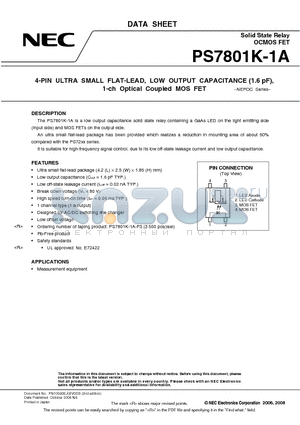 PS7801K-1A-F3-A datasheet - 4-PIN ULTRA SMALL FLAT-LEAD, LOW OUTPUT CAPACITANCE (1.6 pF), 1-ch Optical Coupled MOS FET