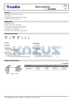 SMI-I0603-220JJB datasheet - Micro Inductors