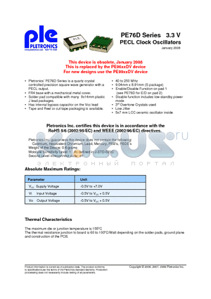 PE7620DEV datasheet - PE76D Series 3.3 V PECL Clock Oscillators