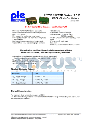 PE7645DW datasheet - PE76D / PE78D Series 2.5 V PECL Clock Oscillators