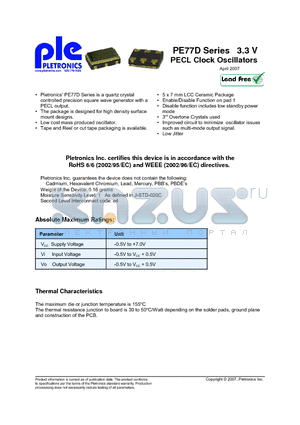 PE7720DEV datasheet - PE77D Series 3.3 V PECL Clock Oscillators