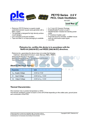 PE7720DEW datasheet - PE77D Series 2.5 V PECL Clock Oscillators