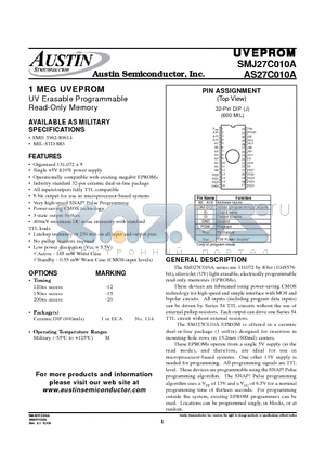 SMJ27C010A_05 datasheet - 1 MEG UVEPROM UV Erasable Programmable Read-Only Memory