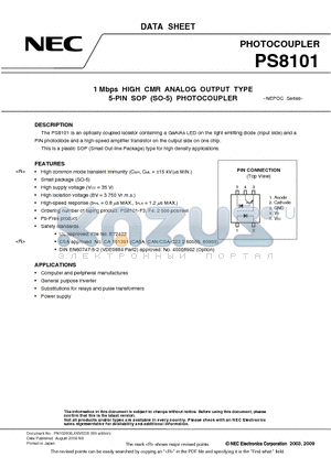 PS8101-A datasheet - 1 Mbps HIGH CMR ANALOG OUTPUT TYPE 5-PIN SOP (SO-5) PHOTOCOUPLER