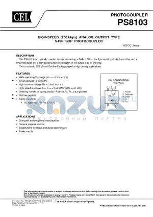 PS8103 datasheet - HIGH-SPEED (200 kbps) ANALOG OUTPUT TYPE 5-PIN SOP PHOTOCOUPLER