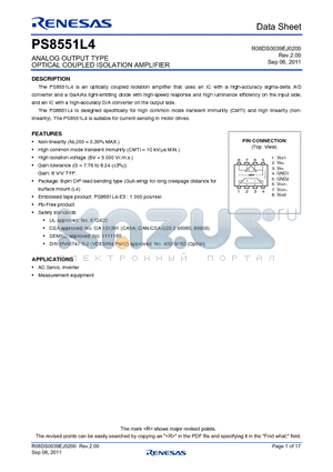 PS8551L4-E3 datasheet - ANALOG OUTPUT TYPE OPTICAL COUPLED ISOLATION AMPLIFIER