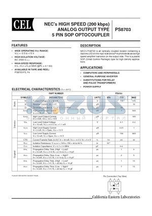 PS8703 datasheet - NECs HIGH SPEED (200 kbps) ANALOG OUTPUT TYPE 5 PIN SOP OPTOCOUPLER