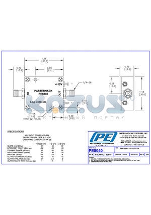 PE8040 datasheet - 50 Ohm SMA To SMA Adjustable Phase Trimmer Operating From DC to 2 GHz With an Adjustable Phase of 60.00 Deg. Per GHz