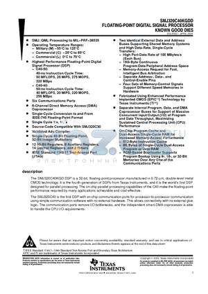 SMJ320C40KGDD datasheet - FLOATING-POINT DIGITAL SIGNAL PROCESSOR KNOWN GOOD DIES