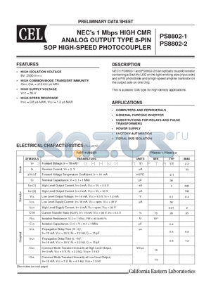 PS8802-1 datasheet - NECs 1 Mbps HIGH CMR ANALOG OUTPUT TYPE 8-PIN SOP HIGH-SPEED PHOTOCOUPLER