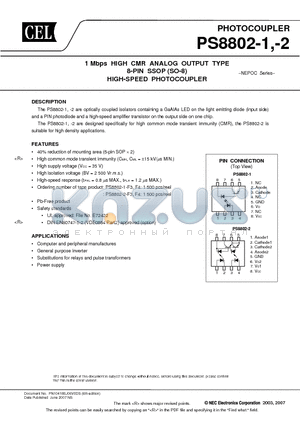 PS8802-1 datasheet - 1 Mbps HIGH CMR ANALOG OUTPUT TYPE 8-PIN SSOP (SO-8) HIGH-SPEED PHOTOCOUPLER