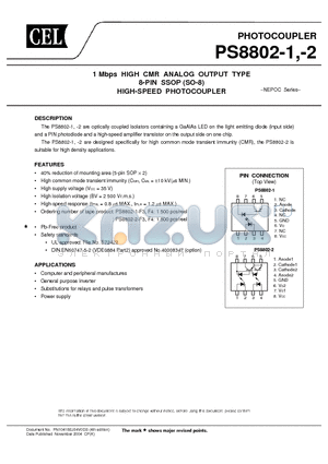 PS8802-1-V-A datasheet - 1 Mbps HIGH CMR ANALOG OUTPUT TYPE 8-PIN SSOP (SO-8) HIGH-SPEED PHOTOCOUPLER