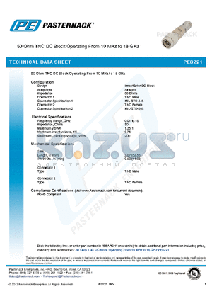 PE8221 datasheet - 50 Ohm TNC DC Block Operating From 10 MHz to 18 GHz