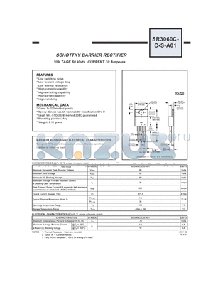 SR3060C-C-S-A01 datasheet - SCHOTTKY BARRIER RECTIFIER VOLTAGE 60 Volts CURRENT 30 Amperes