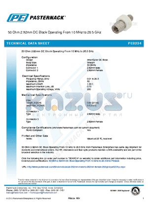 PE8224 datasheet - 50 Ohm 2.92mm DC Block Operating From 10 MHz to 26.5 GHz