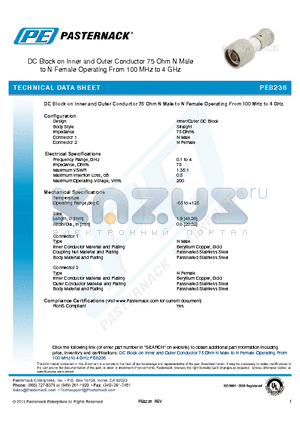 PE8236 datasheet - DC Block on Inner and Outer Conductor 75 Ohm N Male to N Female Operating From 100 MHz to 4 GHz