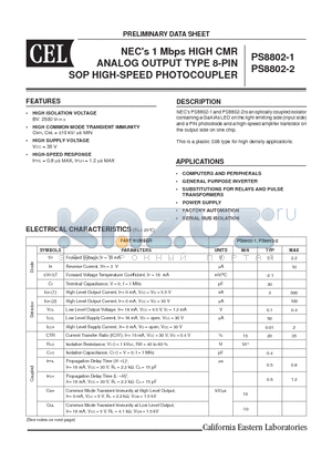 PS8802-2 datasheet - NECs 1 Mbps HIGH CMR ANALOG OUTPUT TYPE 8-PIN SOP HIGH-SPEED PHOTOCOUPLER