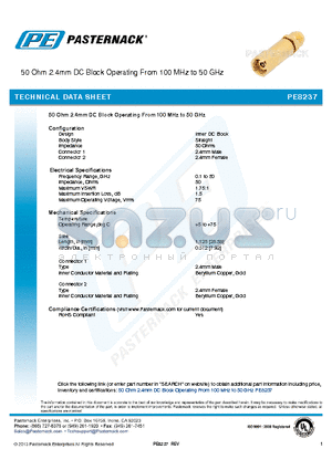 PE8237 datasheet - 50 Ohm 2.4mm DC Block Operating From 100 MHz to 50 GHz