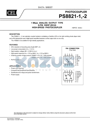 PS8821-2 datasheet - 1 Mbps ANALOG OUTPUT TYPE 8-PIN SSOP (SO-8) HIGH-SPEED PHOTOCOUPLER