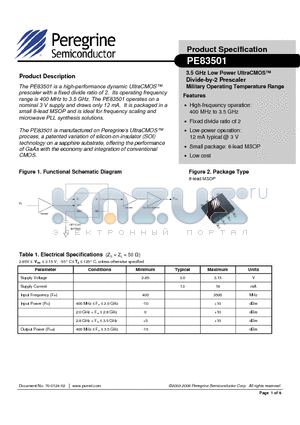 PE83501 datasheet - 3.5 GHz Low Power UltraCMOS Divide-by-2 Prescaler Military Operating Temperature Range