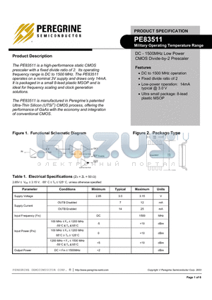 PE83511 datasheet - DC - 1500MHz Low Power CMOS Divide-by-2 Prescaler