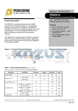 PE83513 datasheet - DC - 1500 MHz Low Power CMOS Divide-by-8 Prescaler