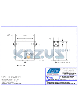 PE8400 datasheet - SMA FEMALE FERRITE CIRULATOR FREQUENCY RANGE :1 TO 2GHz