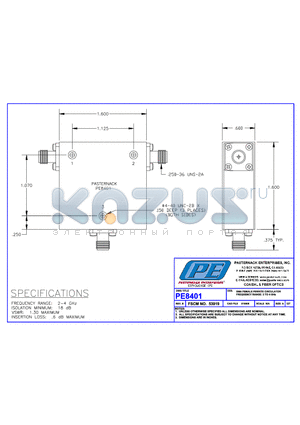 PE8401 datasheet - SMA FEMALE FERRITE CIRCULATOR FREQUENCY RANGE:2 TO 4GHz