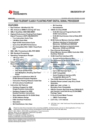 SMJ320C6701-SP datasheet - RAD-TOLERANT CLASS-V FLOATING-POINT DIGITAL SIGNAL PROCESSOR