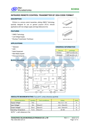 SC3004 datasheet - INFRARED REMOTE CONTROL TRANSMITTER OF 3004 CODE FORMAT