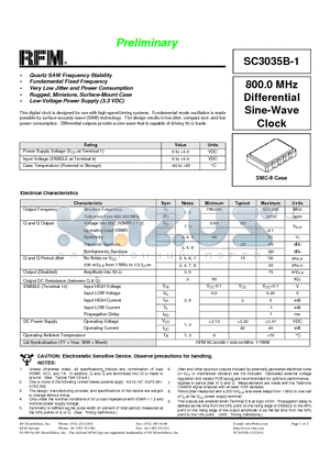 SC3035B-1 datasheet - 800.0 MHz Differential Sine-Wave Clock