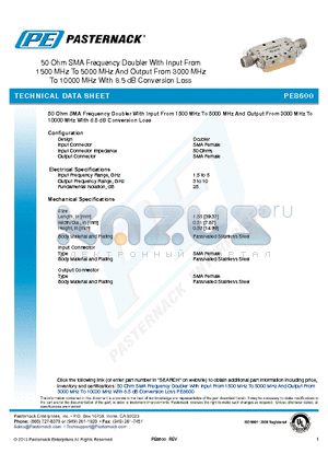 PE8600 datasheet - 50 Ohm SMA Frequency Doubler With Input From 1500 MHz To 5000 MHz And Output From 3000 MHz To 10000 MHz With 8.5 dB Conversion Loss