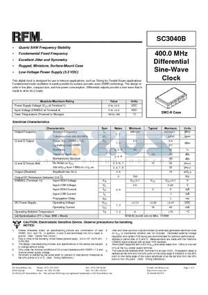 SC3040B datasheet - 400.0 MHz Differential Sine-Wave Clock