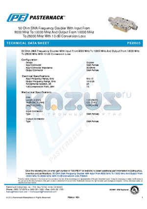 PE8603 datasheet - 50 Ohm SMA Frequency Doubler With Input From 9000 MHz To 13000 MHz And Output From 18000 MHz To 26000 MHz With 10 dB Conversion Loss